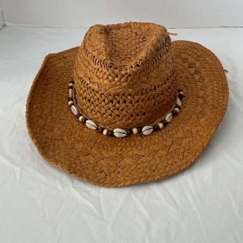 Brown Woven Straw Cowboy Hat Western Beach Sun Hat with Cowrie Shell Band